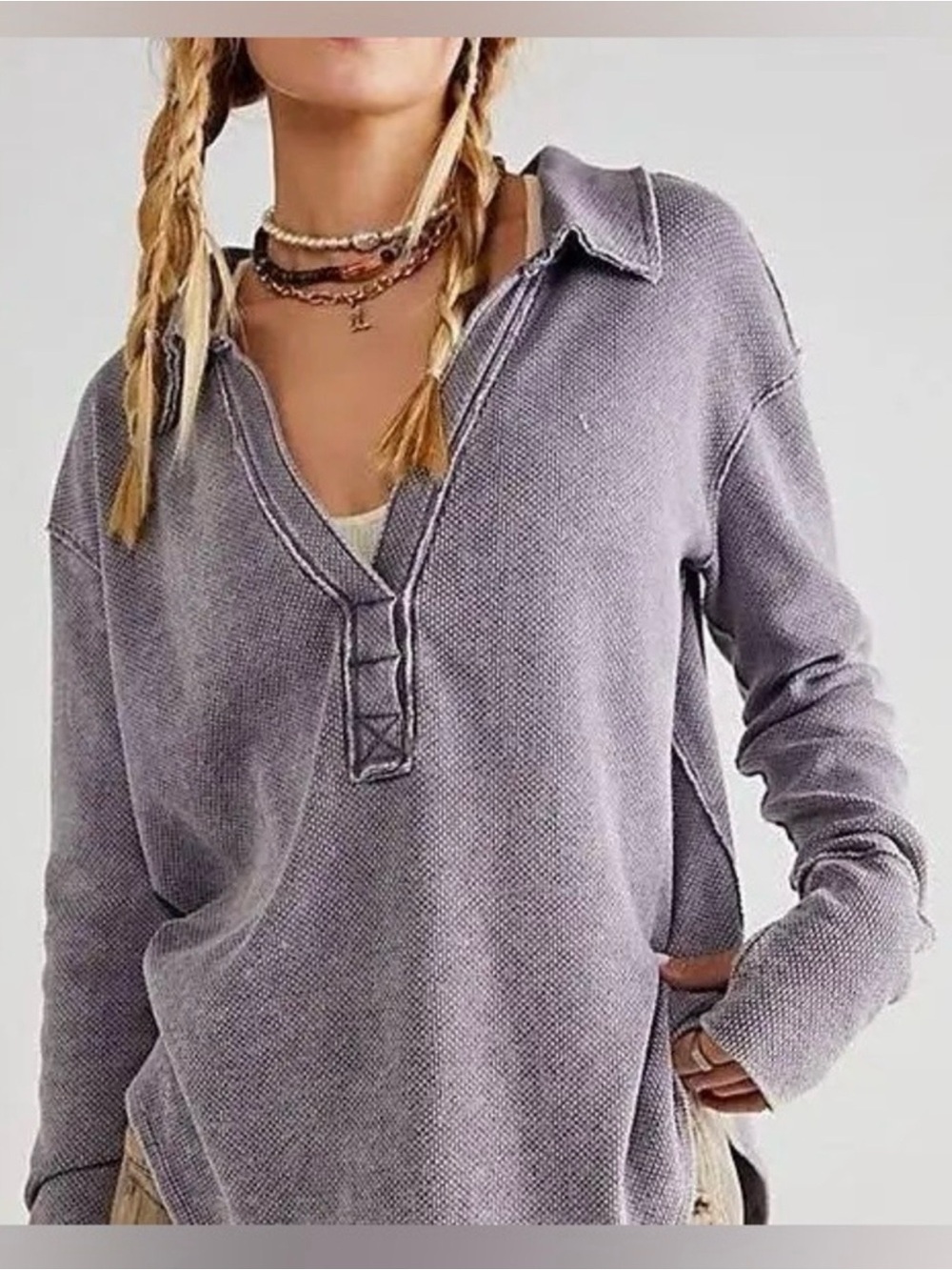 Free People We The Free Anakin Thermal Top Purple Gray, Size Large
